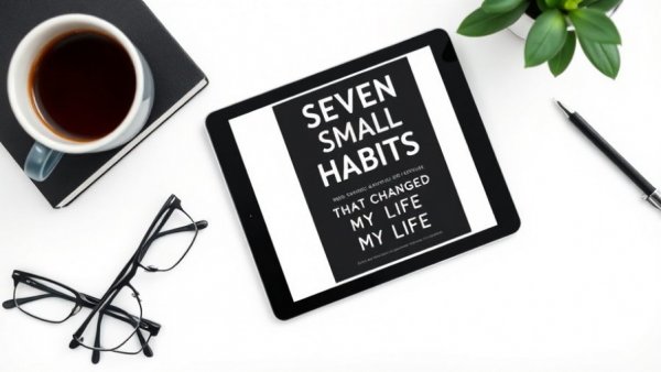 Tablet with eBook cover and coffee on a desk for easy habits guide.