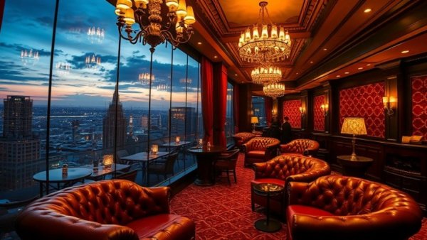 Luxury Spiritual Retreat in Mongolia: opulent lounge with cityscape view.