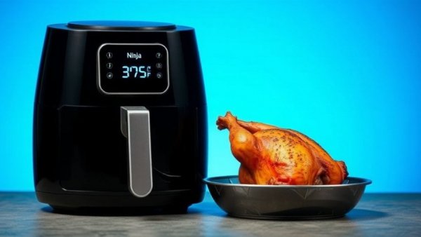 Ninja CRISPi Pro Meal Prep Air Fryer with roast chicken inside, blue background.