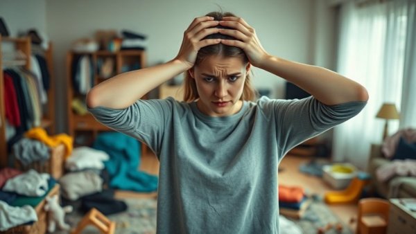 Stressed young woman overwhelmed by mental load at home, messy room.