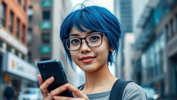 Stylish woman with blue hair in city setting, holding phone, North West Dermal Piercing.