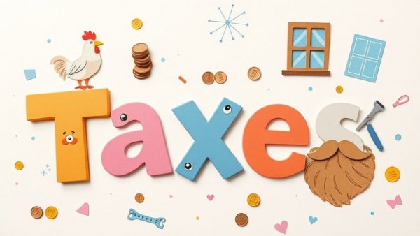 Whimsical collage art depicting 'Taxes' with playful illustrations, explaining how taxes impact behavior.