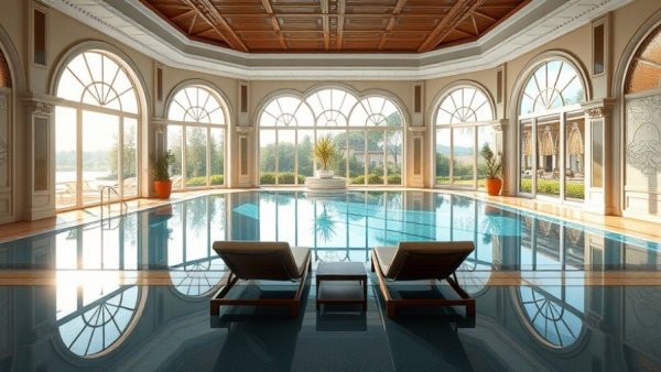Luxurious indoor pool room with arch windows and serene ambiance