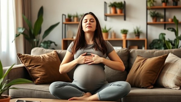 Pregnant woman practicing deep breathing on couch; impact of maternity leave on mental health.