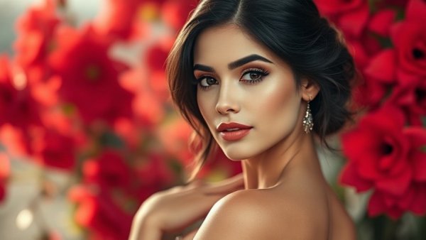 Elegant woman with dark hair and makeup posing amid red flowers.