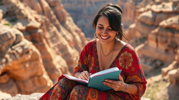 Cheerful woman writing in a notebook near a canyon, vivid colors.