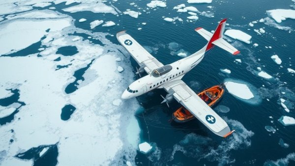 Successful aircraft ditching and Arctic rescue operation with lifeboat and ice.