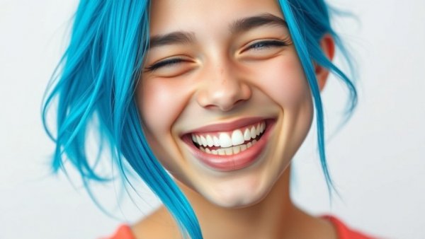 Vibrant person with blue hair and bright smile, showcasing teeth.