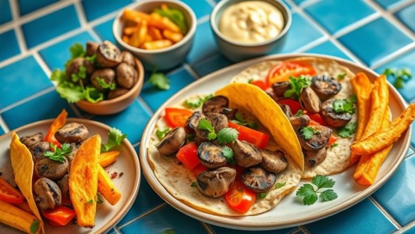 Colorful vegetarian tacos on a blue tiled table.