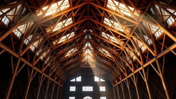 Interior of Tillamook Hangar B with sunlight streaming in, highlighting repairs.