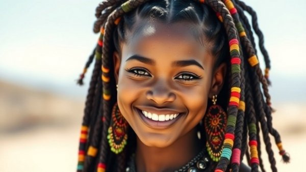 Stylish woman with vibrant braids smiling confidently.
