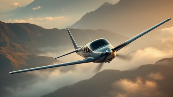 Learn to fly with a sleek airplane soaring over a misty landscape.