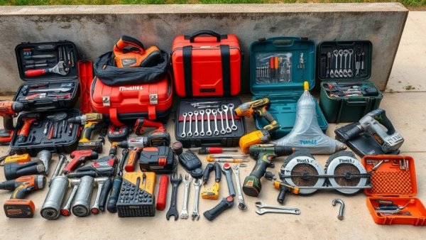 Diverse collection of the best home tool kits organized on concrete.