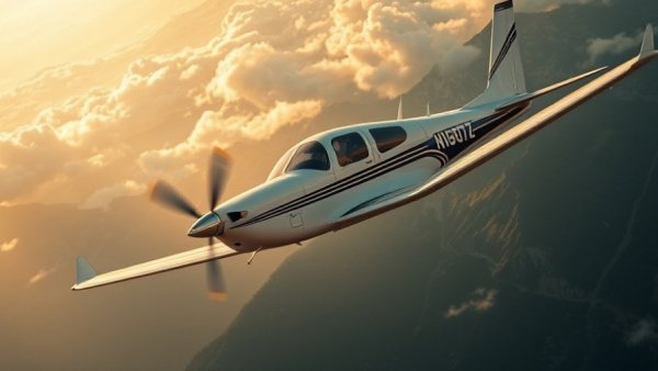 Small airplane flying during sunset with mountains in background.