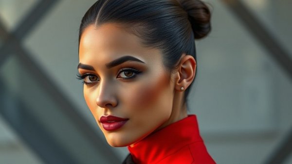 Elegant close-up of a woman in red, sleek hairstyle.