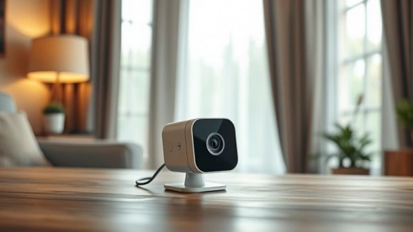 Compact security camera on table, ideal for renter-friendly security upgrades.