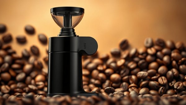 Stylish Mazzer Philos coffee grinder review, vibrant bean background.