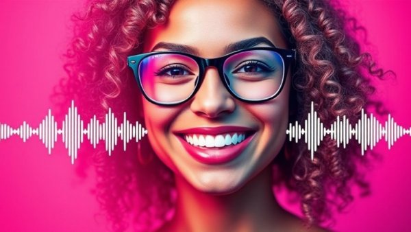 Smiling woman promotes meditation for emotional relief with vibrant background.