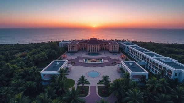 Aerial view of Ritz-Carlton Reserve hotel at sunset.