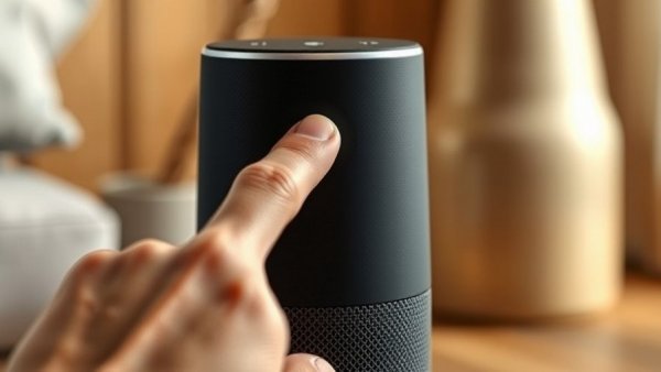 Sleek smart speaker with a finger pressing a button in a cozy setting.