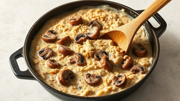 Mushroom farrotto in a skillet with a wooden spoon, natural light.