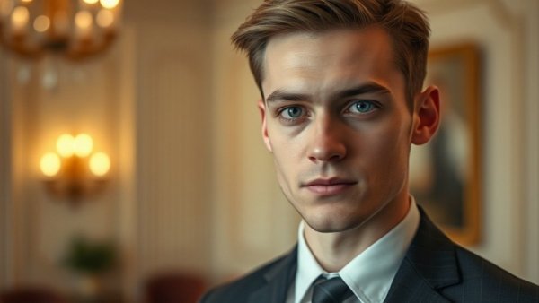 Young man in formal attire, soft lighting, elegant setting.