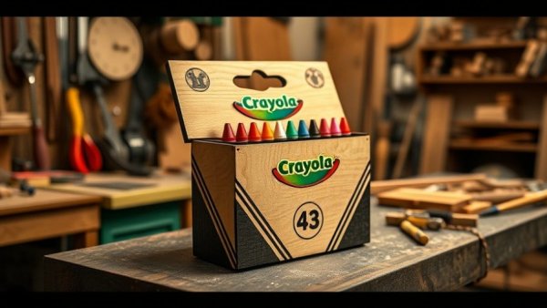Wooden Crayola box by Ike Wynter in artist's studio.