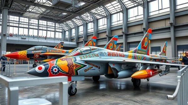 Colorful MiG-21 art project in modern gallery.
