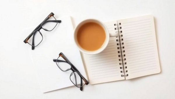Flat lay with coffee and notebook promoting encouraging healthy eating habits in children.