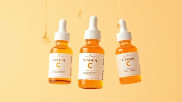 Top drugstore vitamin C serums on a beige backdrop.