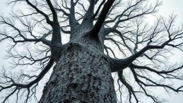Frost cracks in trees captured from below on a cloudy day.