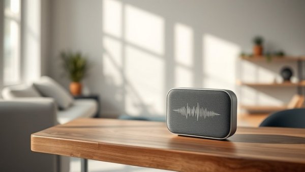 Smart speaker with wave display in modern home setting.