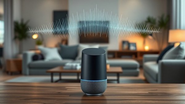 Smart speaker in a modern room showcasing home security tips.