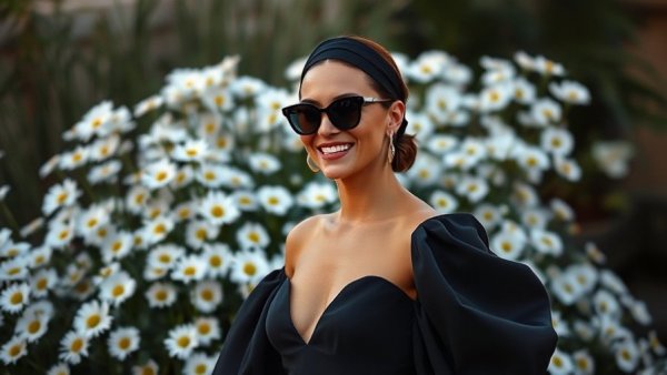 Elegant woman in black gown at stylish event with daisies.