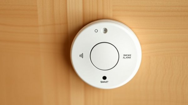 Smart smoke alarm with certification badge on wooden surface.