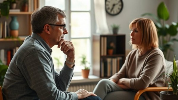 Therapist in cozy office discussing emotional eating, feeling heard.