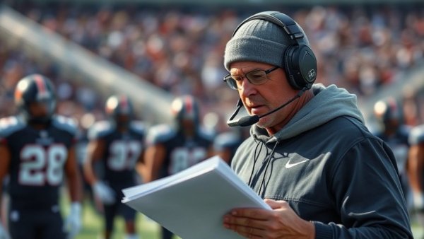 Focused football coach on field, holding notes, sports setting.