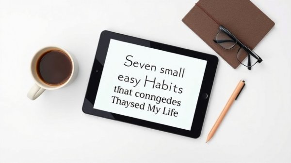 Minimalist flat lay with coffee, glasses, notebook on tablet.