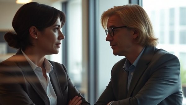 Colleagues discussing emotional intelligence in leadership from office window.