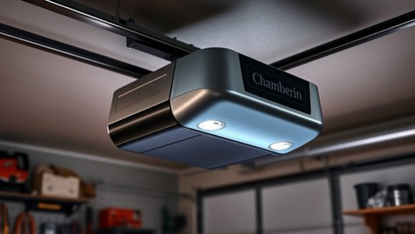 Sleek Chamberlain garage door opener with MyQ system in garage.