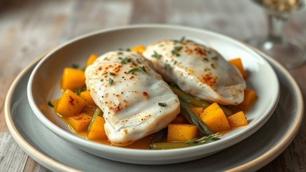 Beautifully plated poached chicken breasts with squash and leeks.