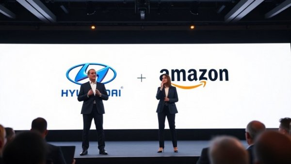 Hyundai and Amazon collaboration announcement stage with speakers.