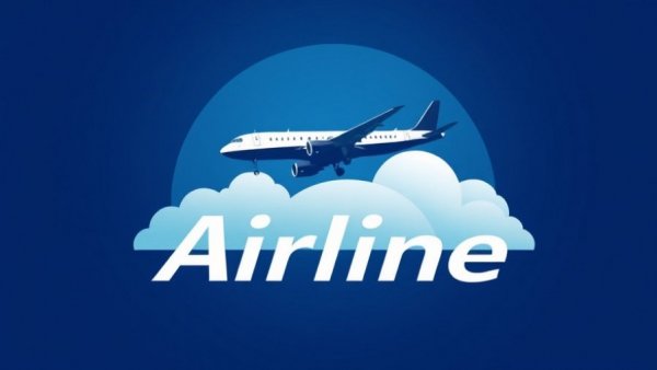 Airline logo with airplane and cloud graphic background.