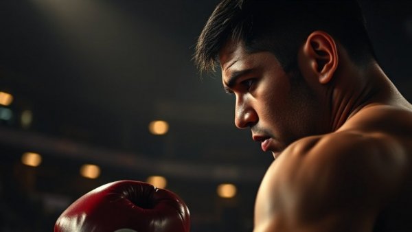 Focused boxer with determination in dimly lit stadium.