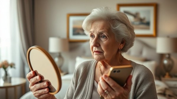 Elegant elderly woman contemplating in a mirror, insights on facelifts and aging gracefully.