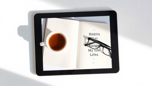 Minimalist digital book cover with coffee cup and glasses on tablet.
