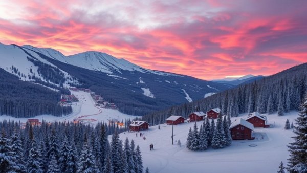 Scenic North American ski resort at sunset with snowy slopes.
