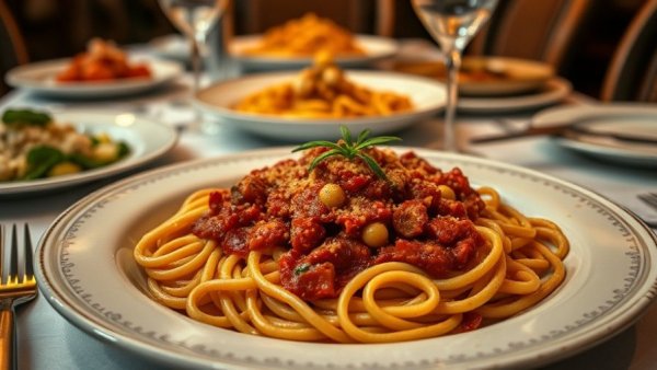Quick Bolognese Recipe with elegant pasta presentation.