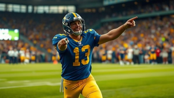Energetic football player celebrating in blue and yellow uniform, NFL contract extension predictions 2026.