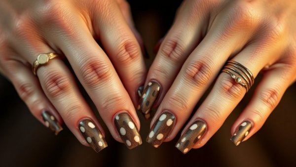Close-up of deer print nails with brown and white patterns.